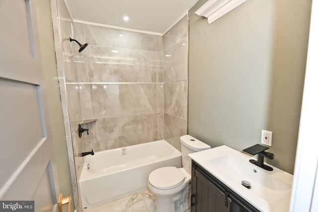 full bath with marble finish floor, bathing tub / shower combination, toilet, and vanity