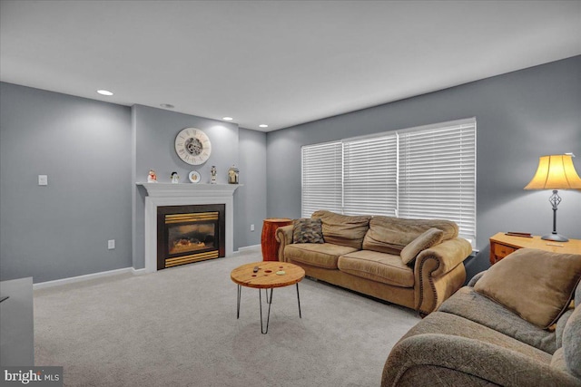 living room featuring light carpet