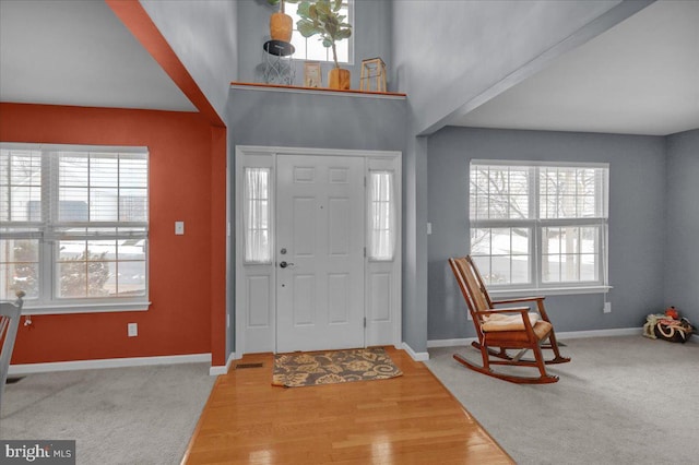 carpeted entrance foyer featuring a healthy amount of sunlight and a high ceiling