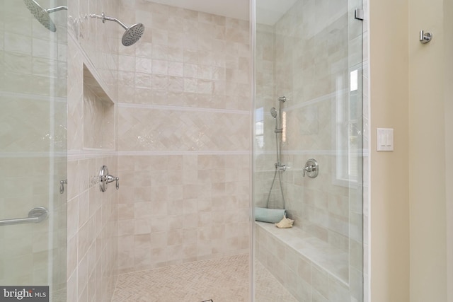 bathroom featuring a shower with door