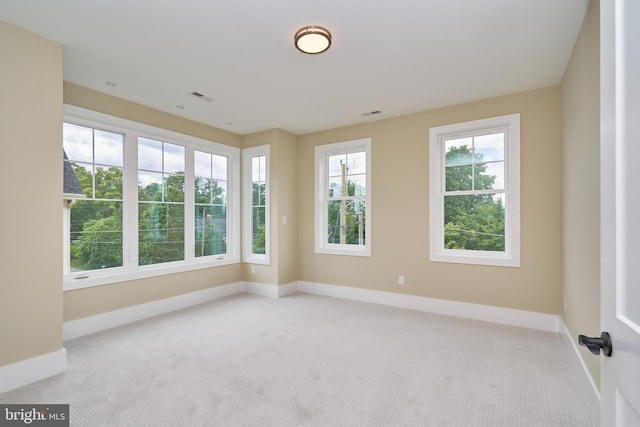 unfurnished room featuring light carpet