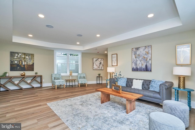 living room with a tray ceiling and light hardwood / wood-style floors