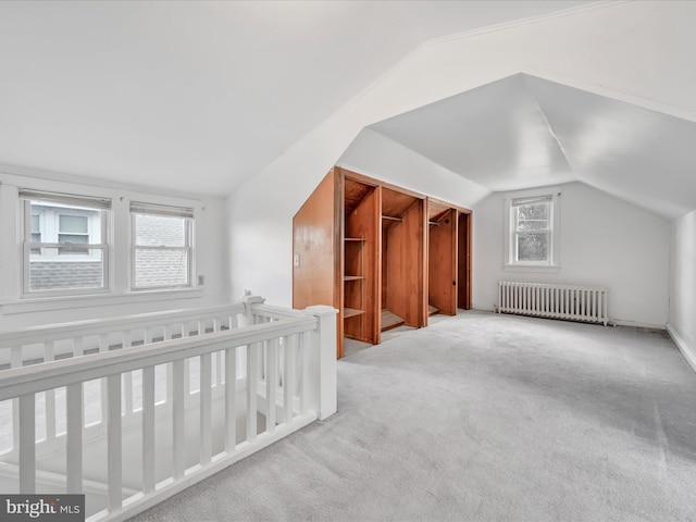 additional living space featuring light colored carpet, lofted ceiling, and radiator