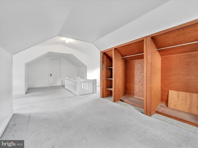 additional living space featuring light carpet and vaulted ceiling