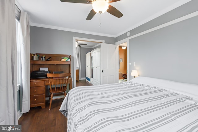 bedroom featuring crown molding, ceiling fan, dark hardwood / wood-style flooring, and a closet