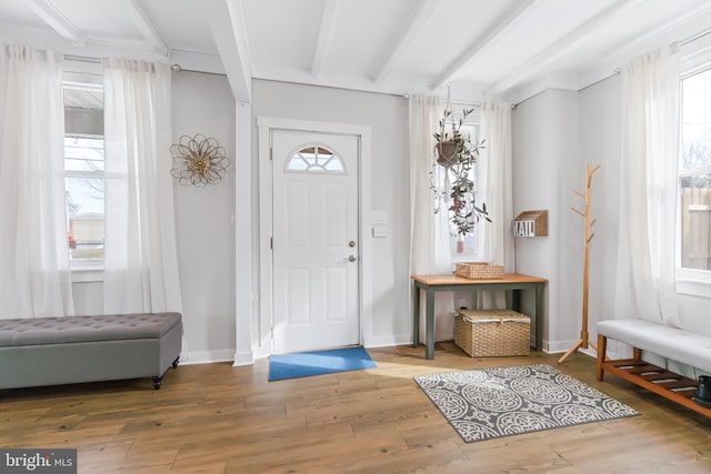 foyer featuring wood-type flooring, plenty of natural light, and beam ceiling