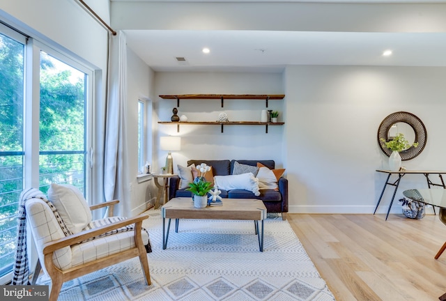 sitting room with light hardwood / wood-style flooring and a healthy amount of sunlight