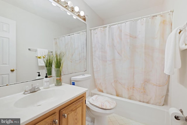 full bathroom with shower / bathtub combination with curtain, vanity, toilet, and tile patterned flooring