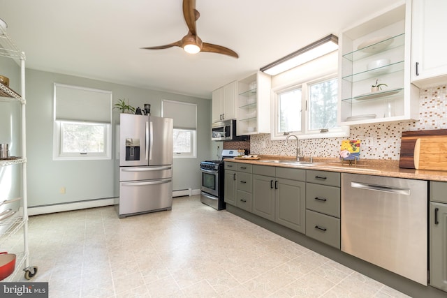 kitchen featuring sink, gray cabinets, stainless steel appliances, and white cabinets