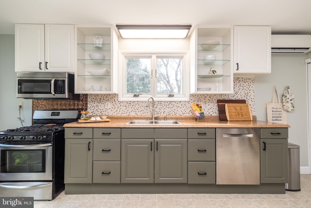 kitchen with gray cabinetry, sink, white cabinetry, and appliances with stainless steel finishes