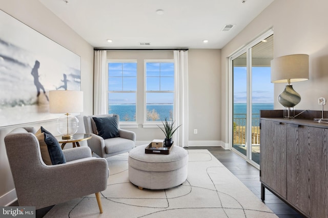 living room featuring a wealth of natural light, a water view, and hardwood / wood-style floors