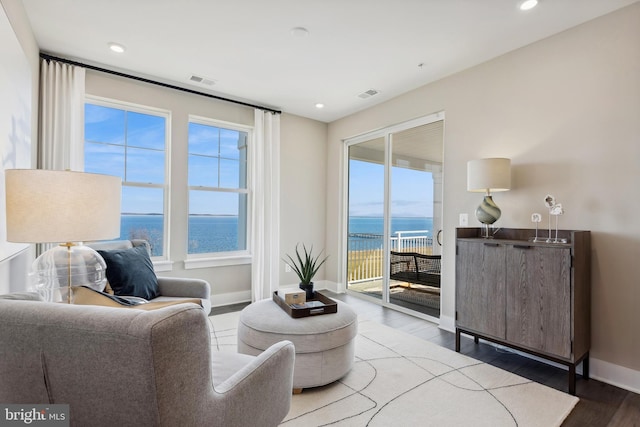 living area featuring a water view, a wealth of natural light, and hardwood / wood-style flooring