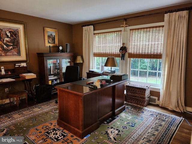 office with dark hardwood / wood-style floors