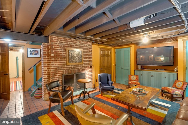 interior space with a fireplace and tile patterned floors