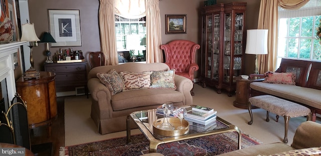 living area featuring carpet flooring