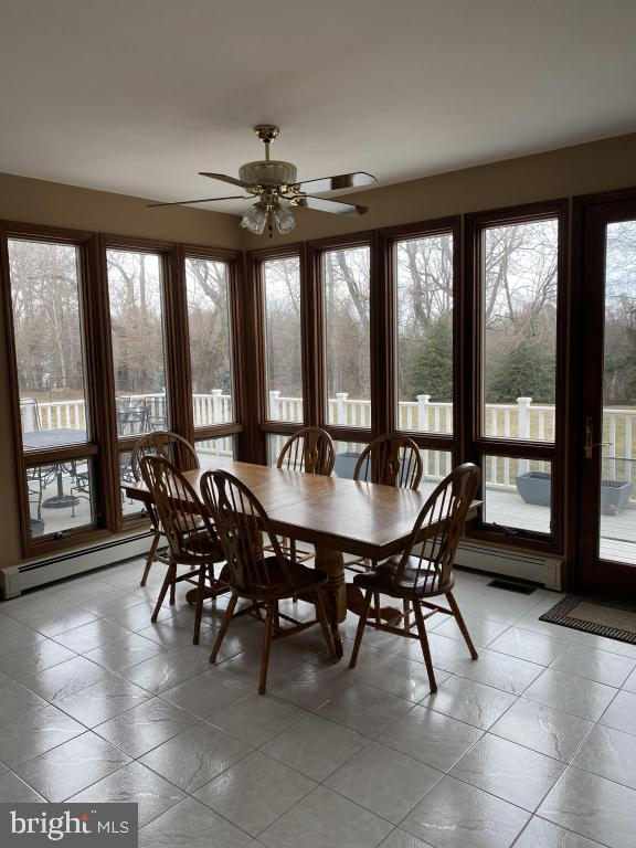 dining room featuring ceiling fan and a baseboard heating unit