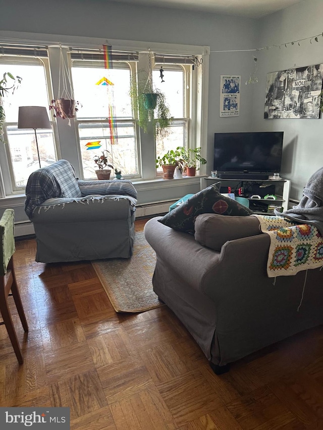 living room with baseboard heating