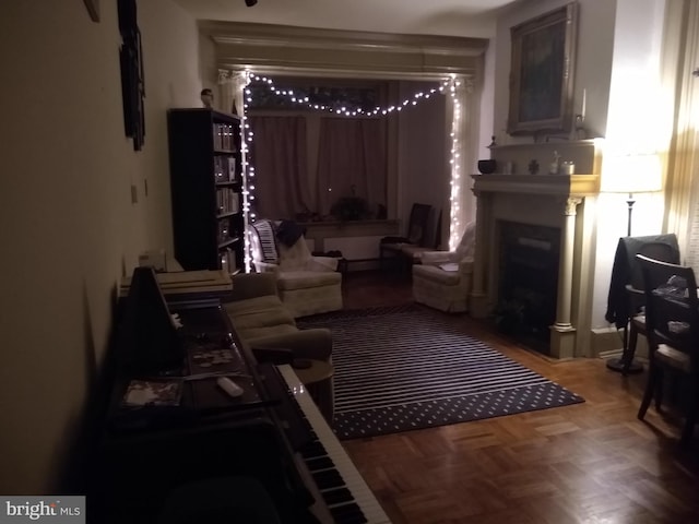 living area featuring a fireplace