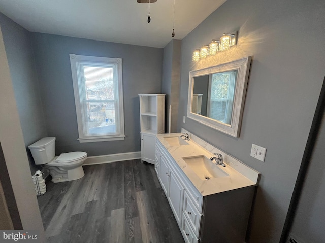 bathroom featuring vanity, wood-type flooring, and toilet