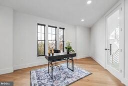 office area with baseboards, wood finished floors, and recessed lighting