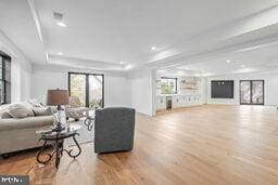 living room featuring light wood-type flooring, a raised ceiling, and recessed lighting