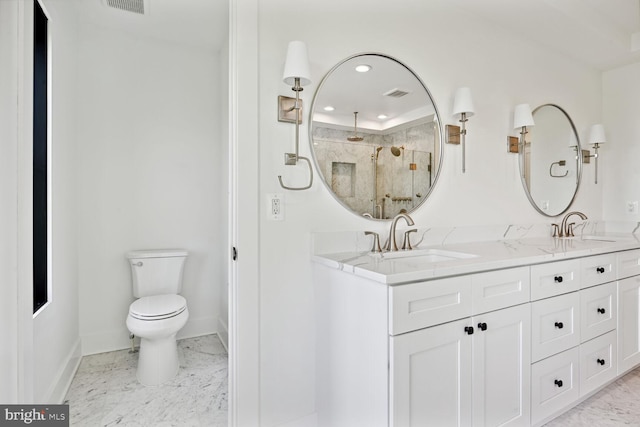 full bathroom with a stall shower, marble finish floor, visible vents, and a sink