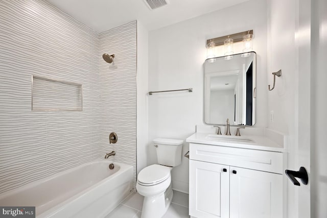 bathroom with shower / tub combination, toilet, visible vents, vanity, and tile patterned floors