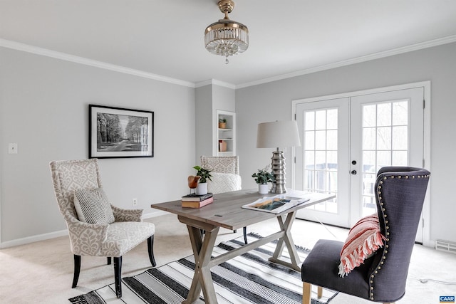 office space featuring light carpet, ornamental molding, and french doors