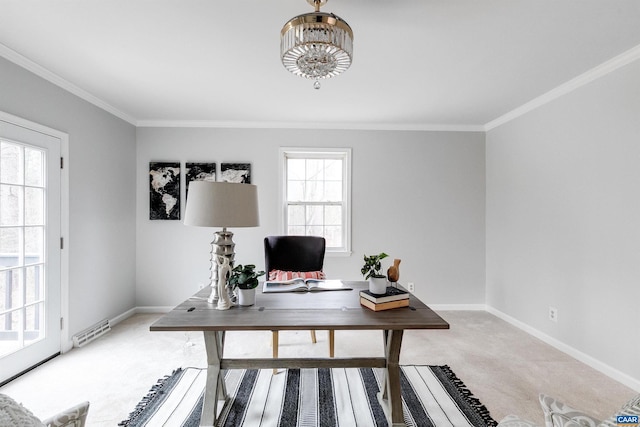 carpeted office with a notable chandelier and ornamental molding