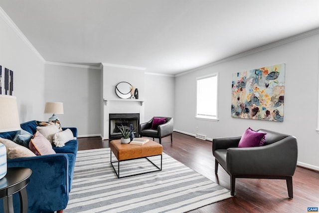 living room featuring hardwood / wood-style flooring and ornamental molding