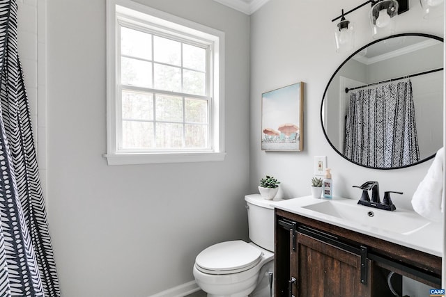 bathroom with vanity, ornamental molding, toilet, and a shower with shower curtain