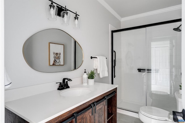 bathroom with toilet, an enclosed shower, crown molding, vanity, and tile patterned flooring