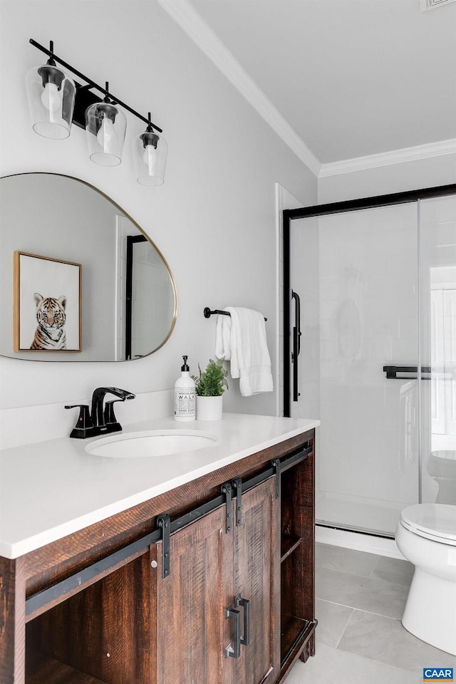 bathroom featuring ornamental molding, toilet, an enclosed shower, and vanity