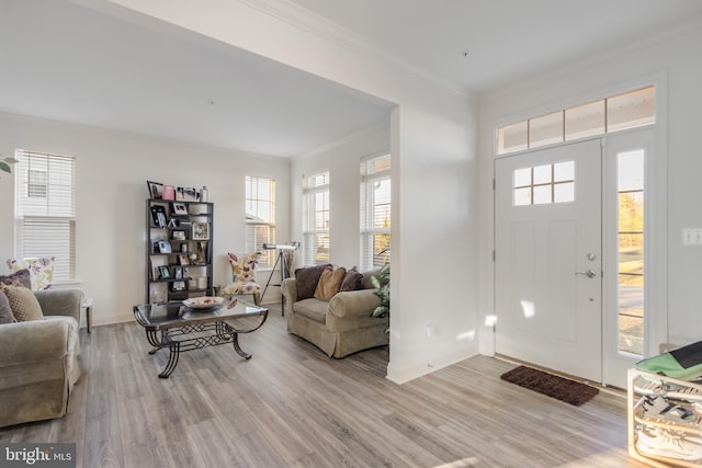 foyer featuring wood finished floors, baseboards, and ornamental molding