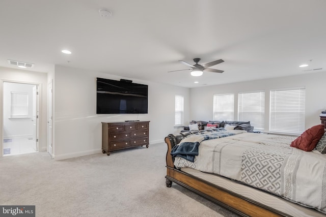 carpeted bedroom with recessed lighting, baseboards, visible vents, and ceiling fan