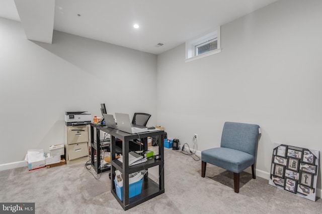 carpeted office with recessed lighting and baseboards