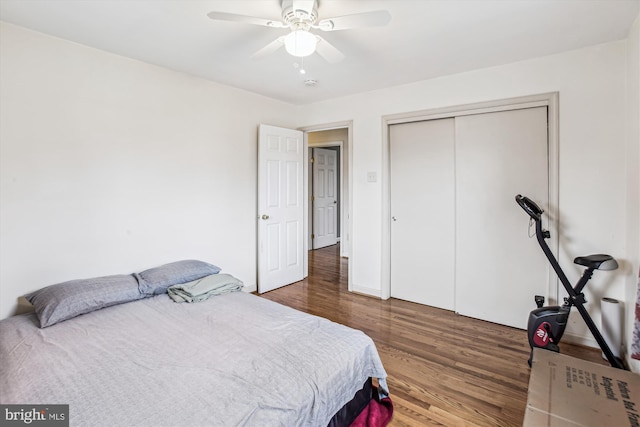 bedroom featuring wood-type flooring, ceiling fan, and a closet