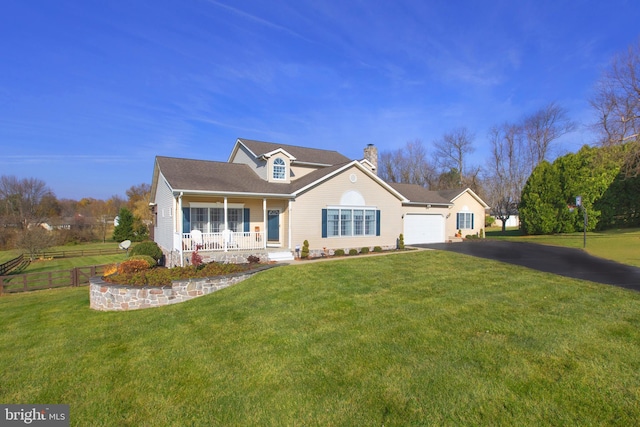 view of front of property featuring a garage, a front yard, and covered porch