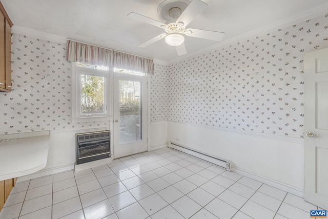 interior space featuring heating unit, crown molding, a baseboard radiator, and ceiling fan