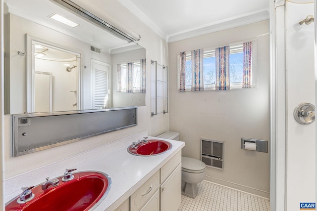 bathroom featuring crown molding, tile patterned flooring, vanity, heating unit, and toilet