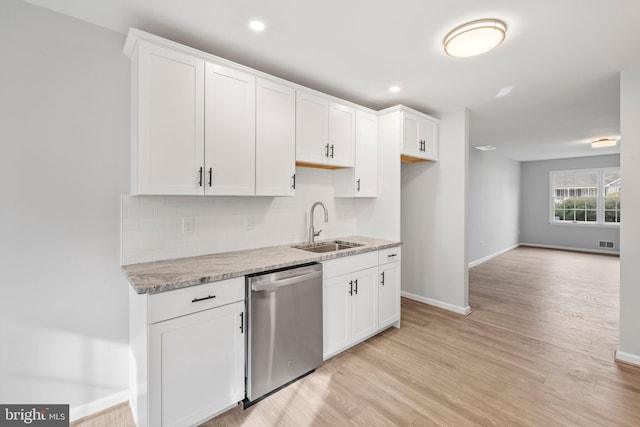 kitchen with sink, white cabinets, decorative backsplash, stainless steel dishwasher, and light stone countertops