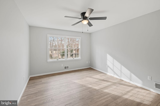 empty room with ceiling fan and light wood-type flooring