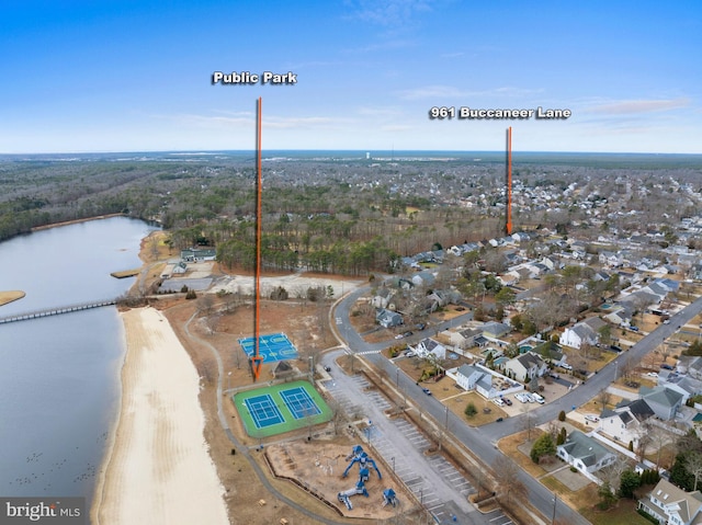 aerial view featuring a water view