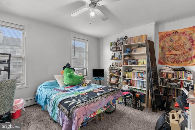 bedroom with a baseboard radiator, carpet, cooling unit, and ceiling fan