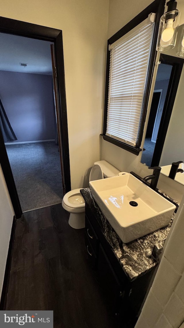 bathroom featuring vanity, wood-type flooring, and toilet