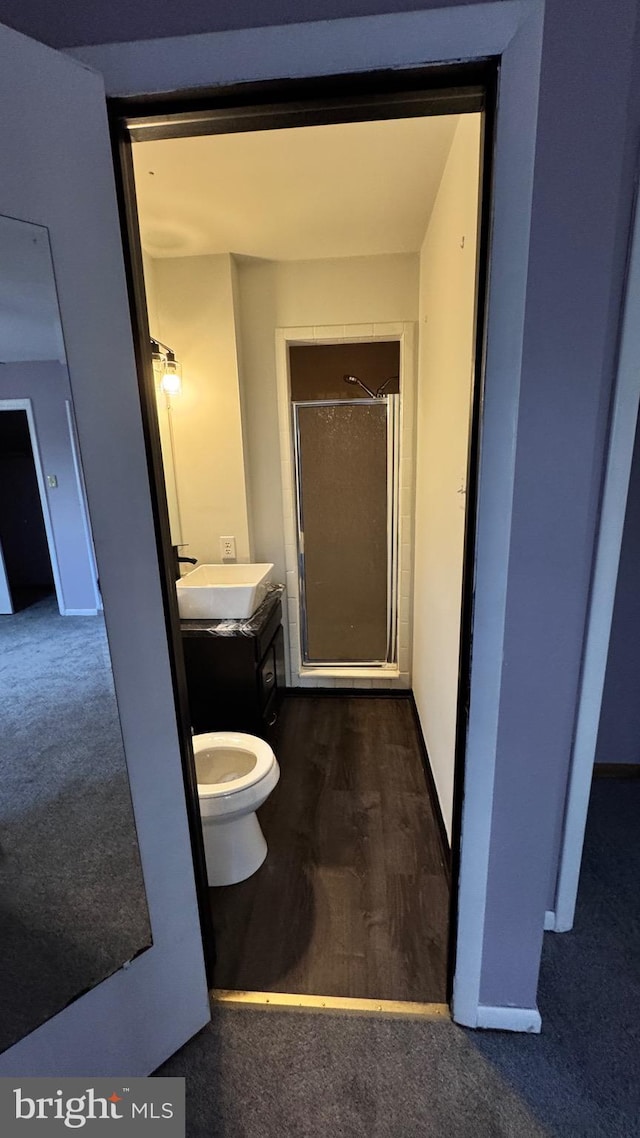 bathroom featuring vanity, a shower with shower door, and hardwood / wood-style floors