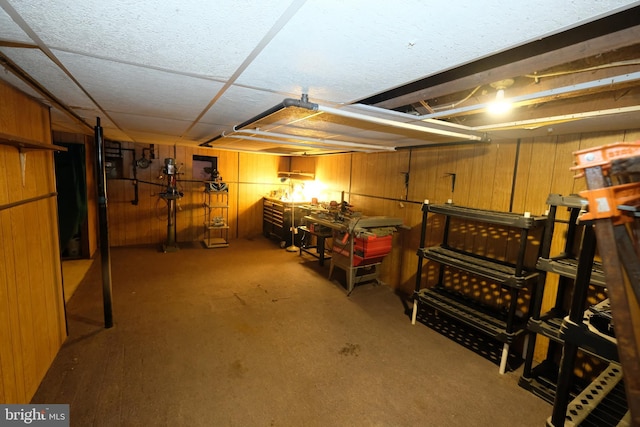 finished basement featuring wooden walls