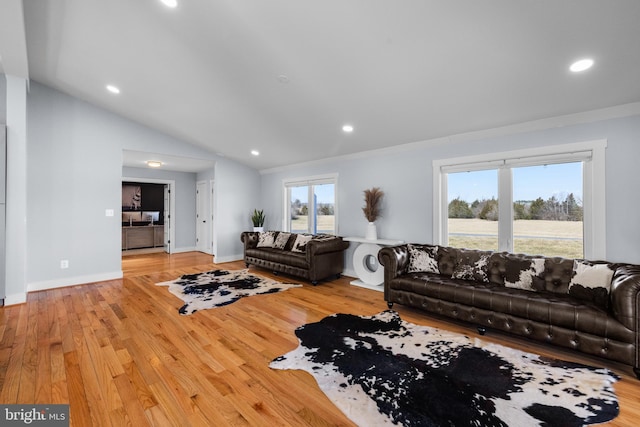 living room with vaulted ceiling and light hardwood / wood-style flooring