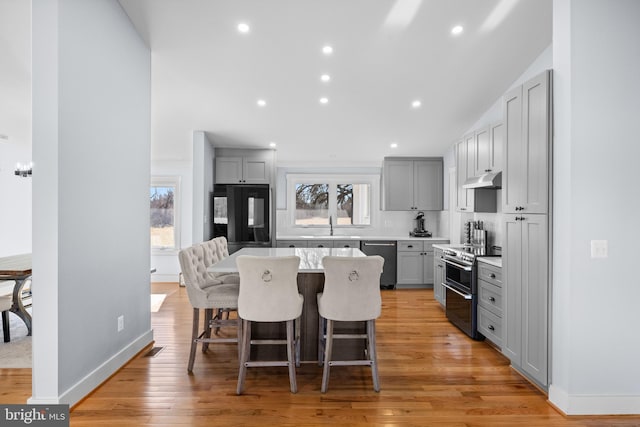 kitchen featuring double oven range, gray cabinets, a center island, and dishwasher