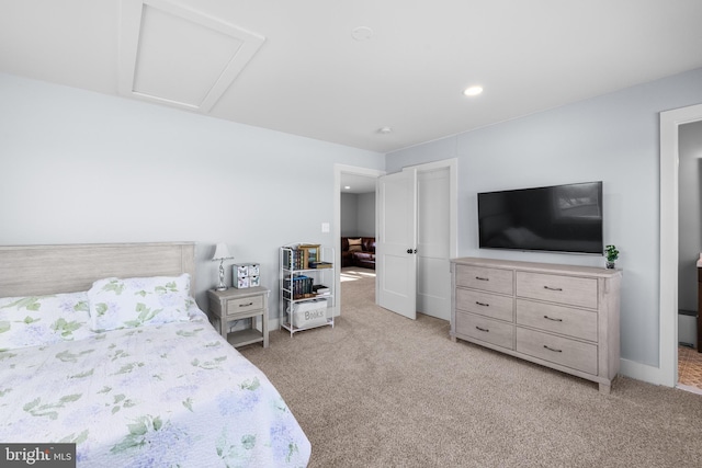 bedroom with light carpet